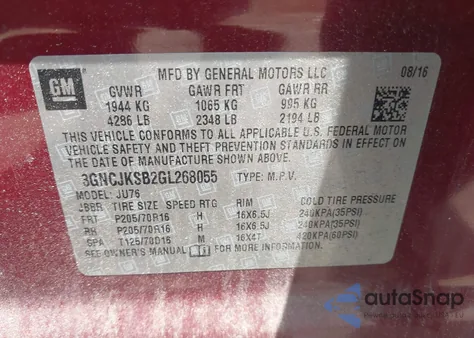 2016 Chevrolet Trax 1Ls из США, поврежденный, VIN 3GNCJKSB2GL268055